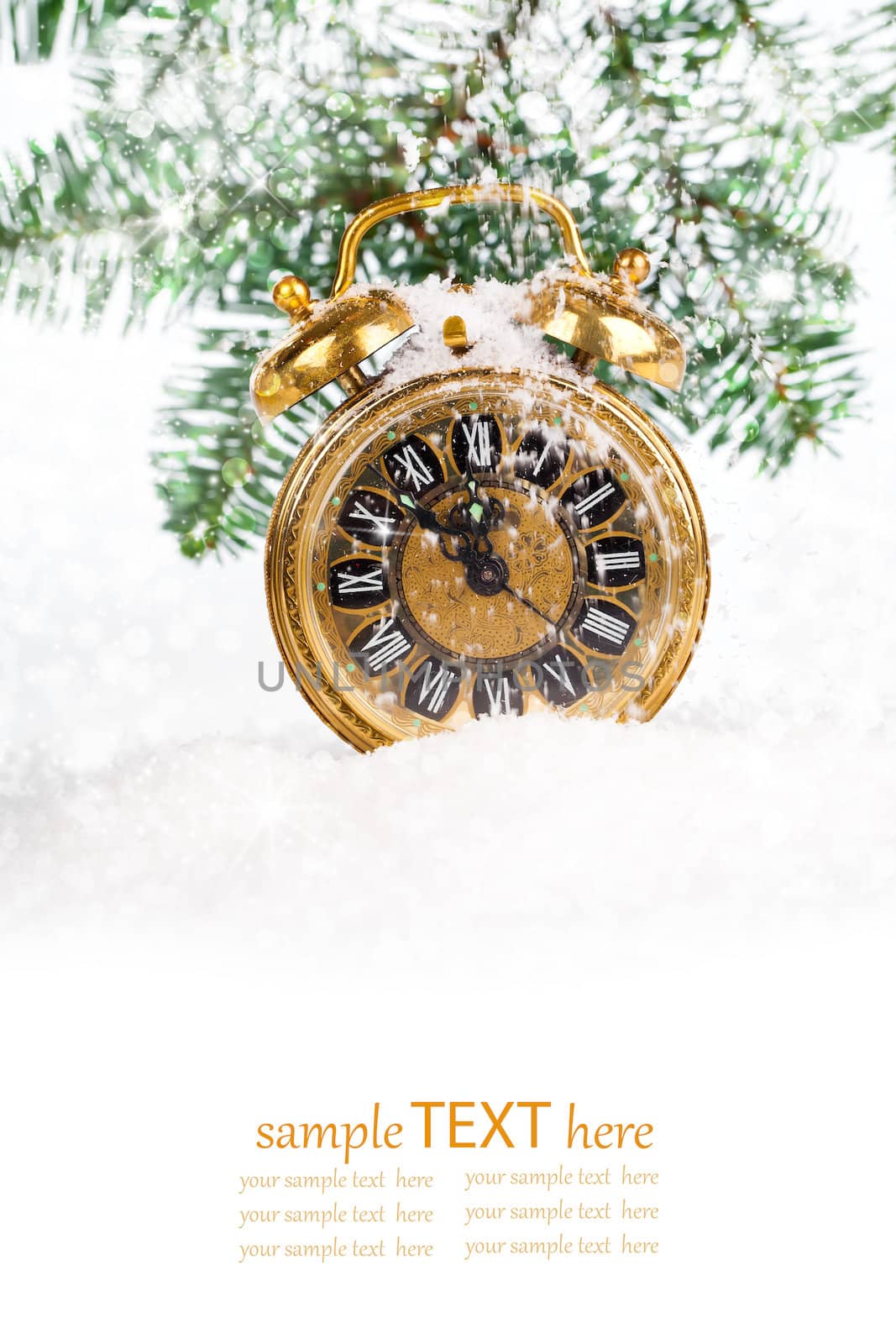 vintage christmas decoration - antique golden clock and fir-tree in snow. with copy space, on white background