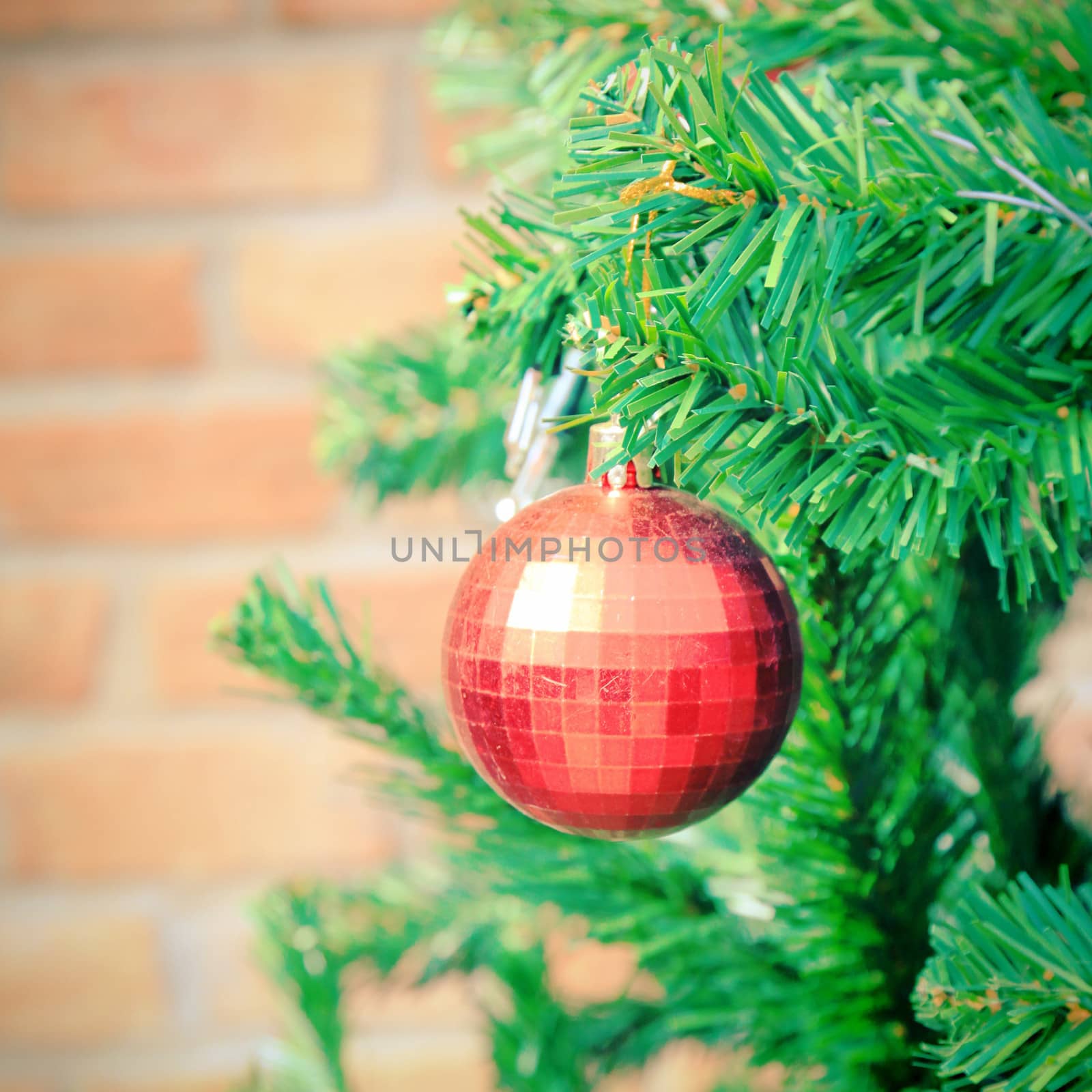 Close up christmas tree decoration, retro filter effect