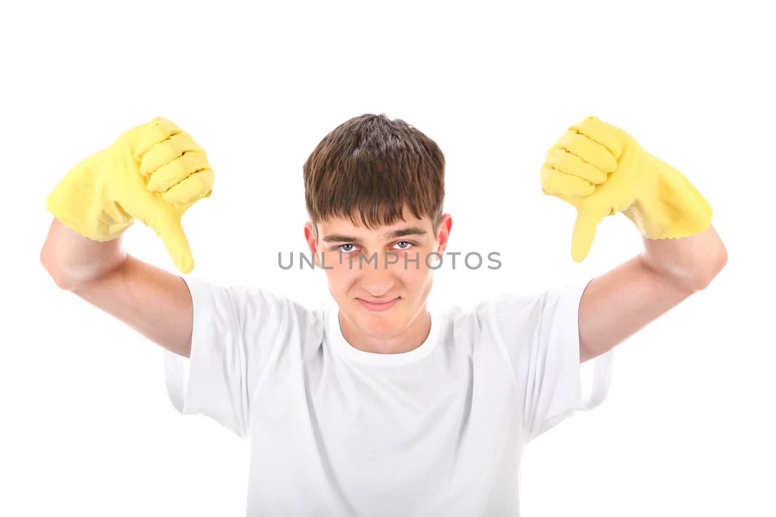 Young man in Rubber Gloves shows Thumbs Down Gesture Isolated On The White Background