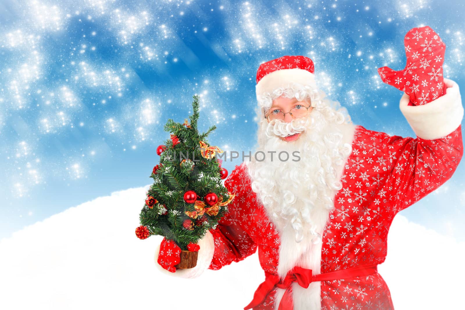 Happy Santa Claus with Christmas Tree on abstract winter background