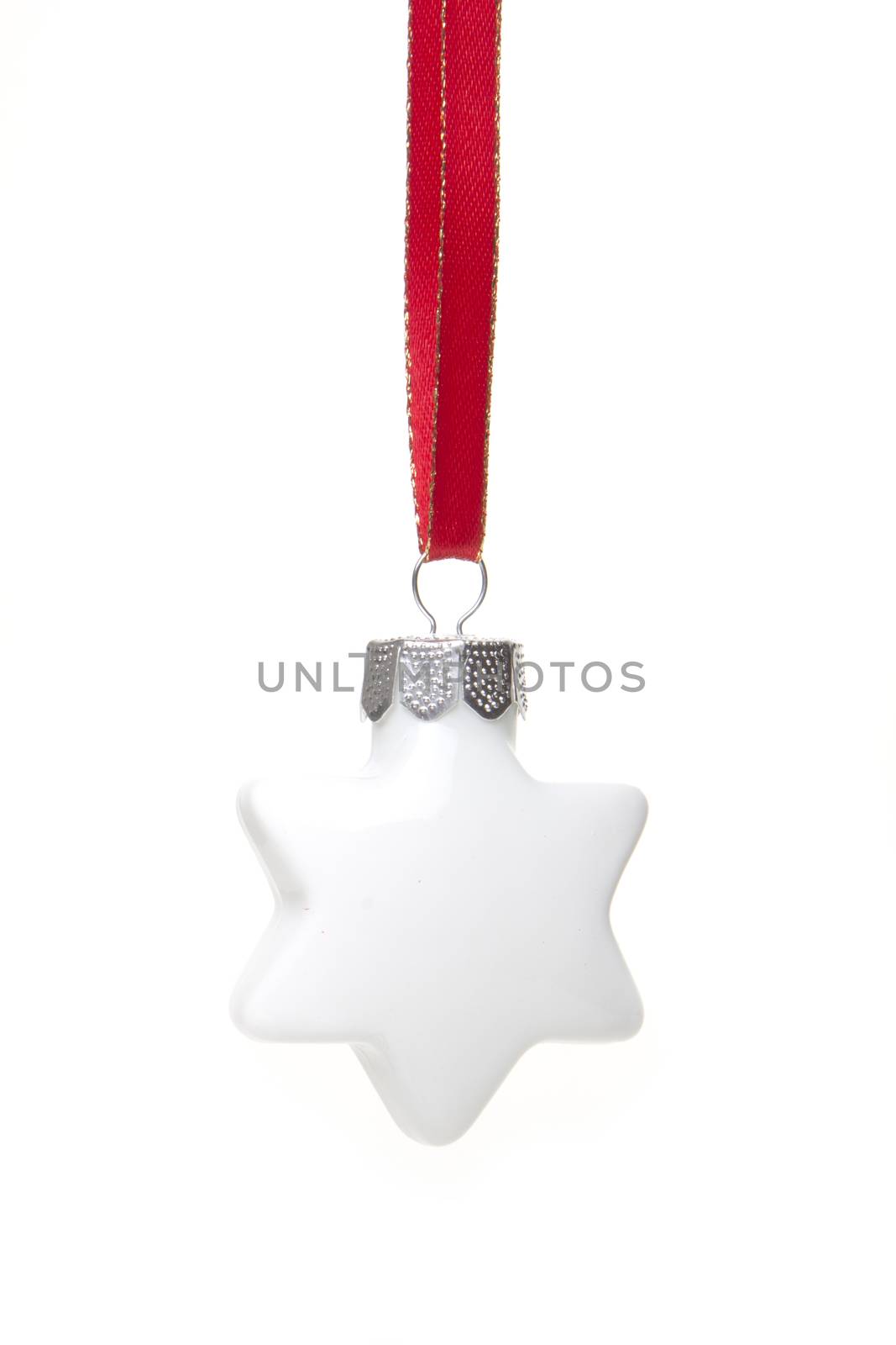 white christmas bauble as christmas star hanging isolated with white background 