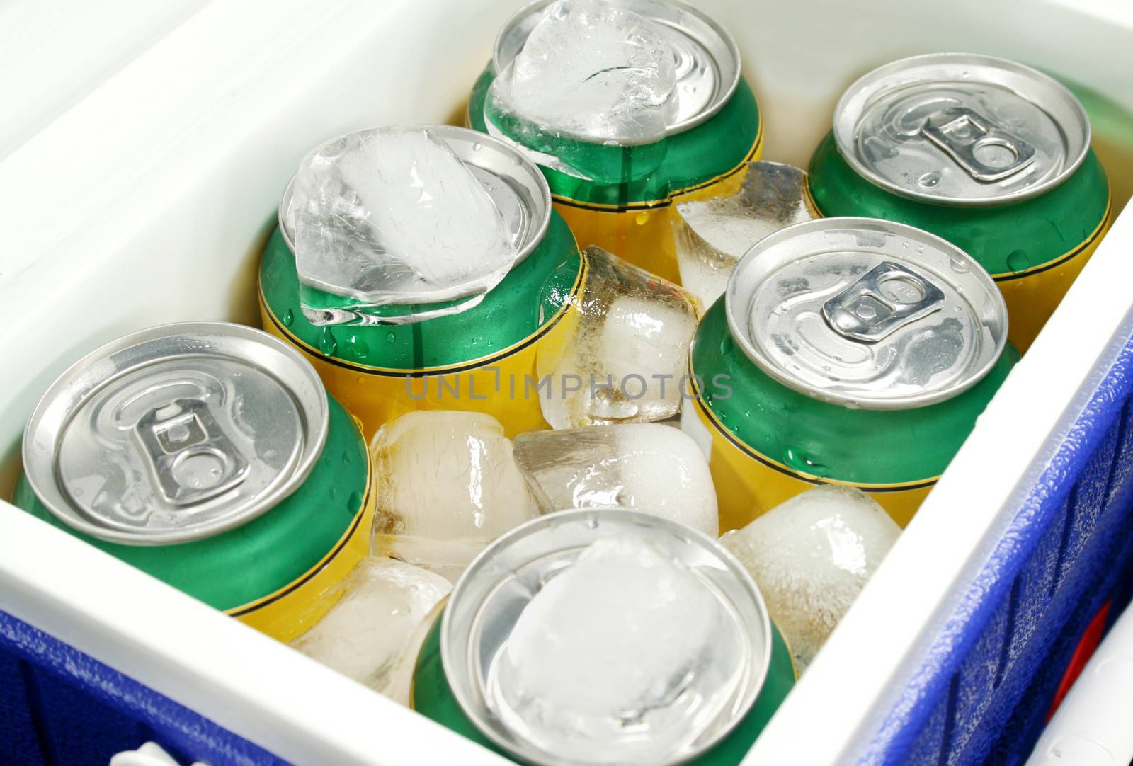 Icy cold drinks in a plastic cooler.