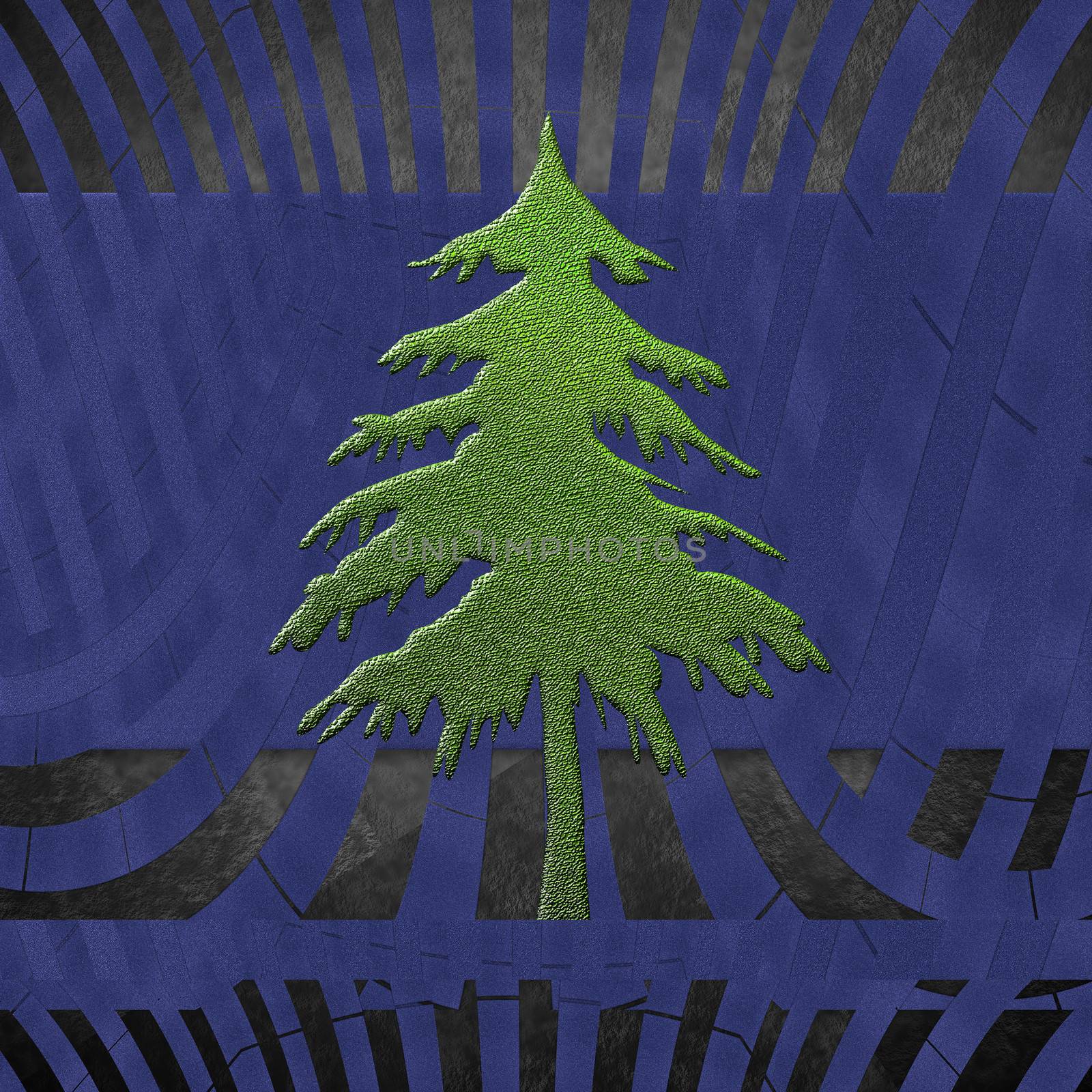 Original Christmas card, metal fir green on blue geometric lines