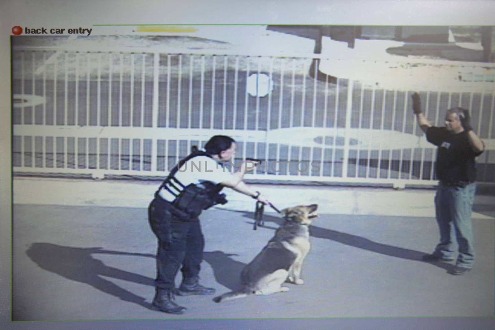 Closeup of digital screen showing the picture of a guard aiming gun at thief by moodboard