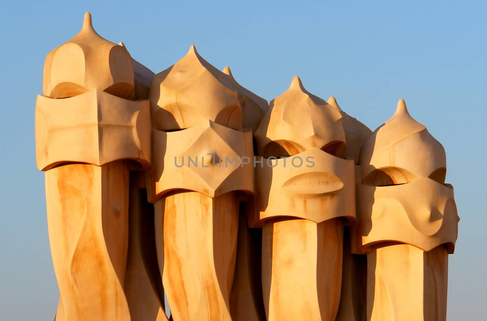 Famous chimneys at Casa Mila (also called La Pedrera) by Antoni Gaudi - roof top - Barcelona                                       
