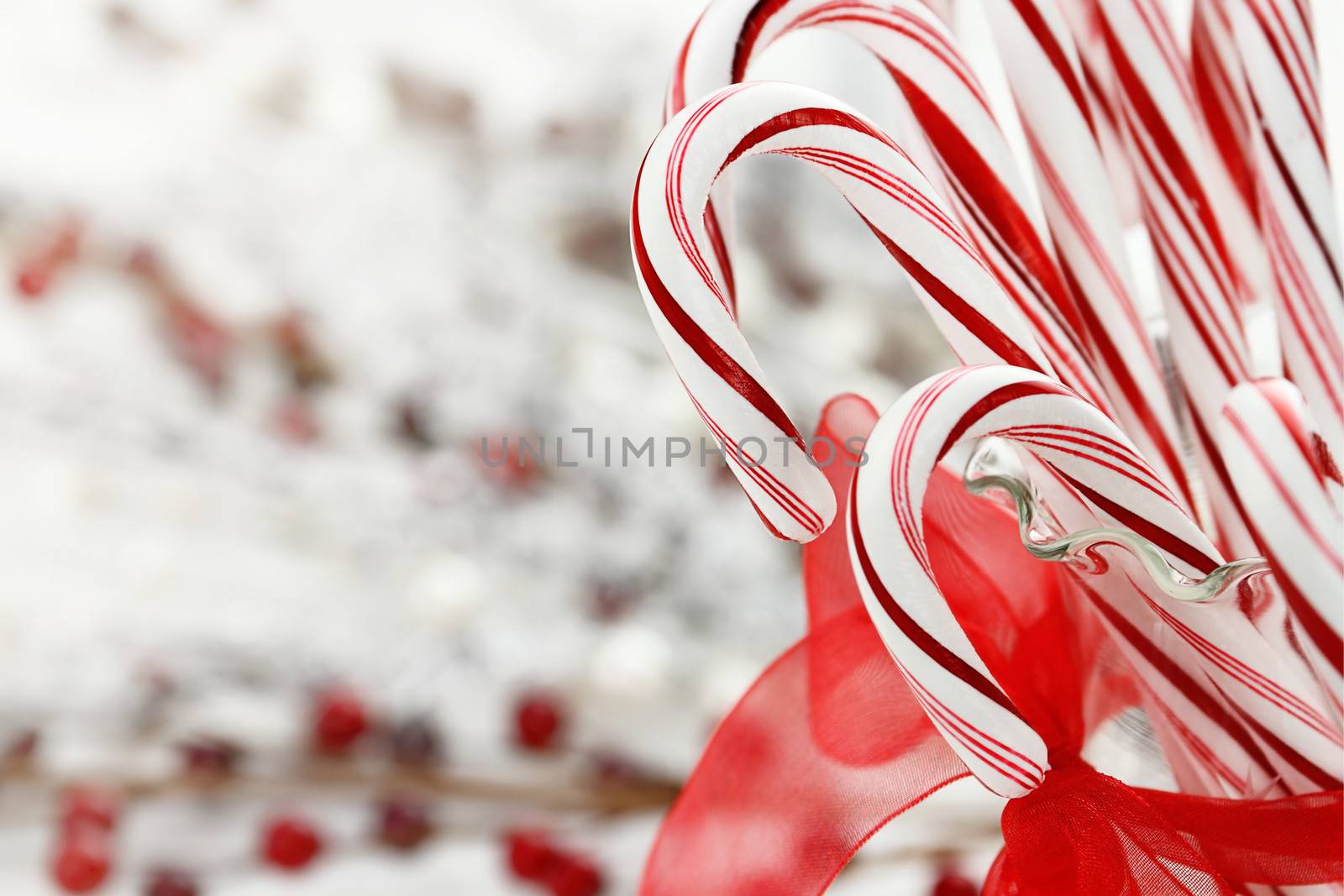 Candy canes in a glass dish with copy space.