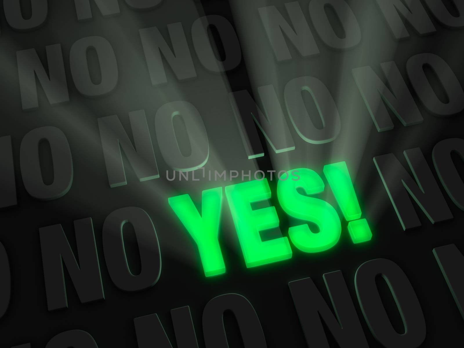 Light rays burst from bold, glowing green YES on a dark background of NOs.