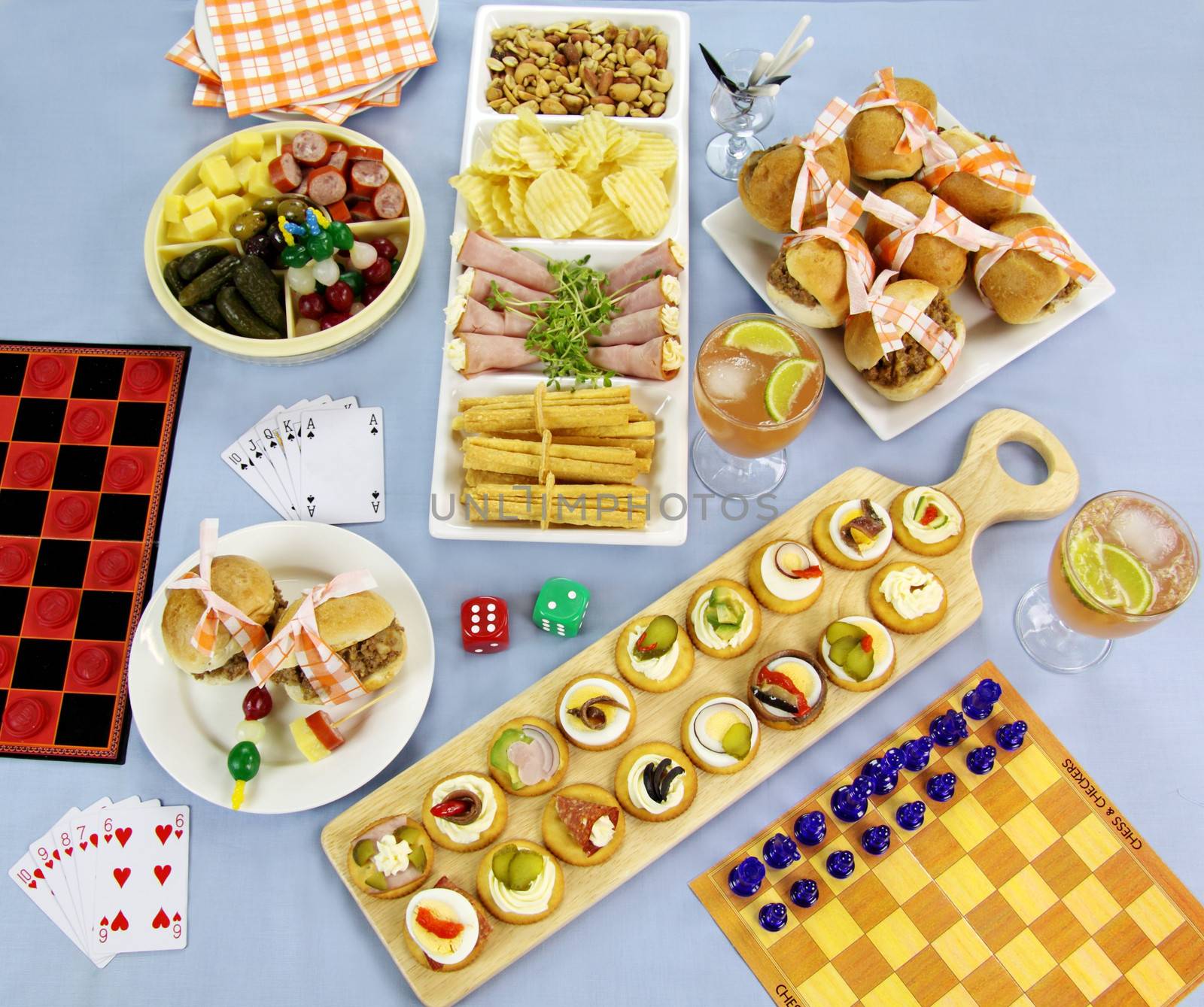 Selection of finger food laid out for a night of board games.