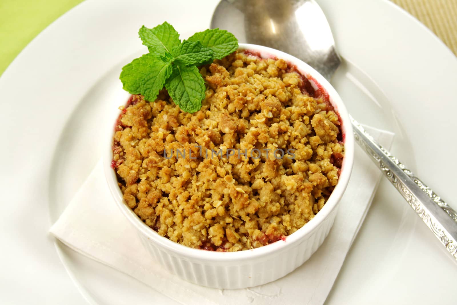 Seasonal fruit crumble dessert ready to serve.