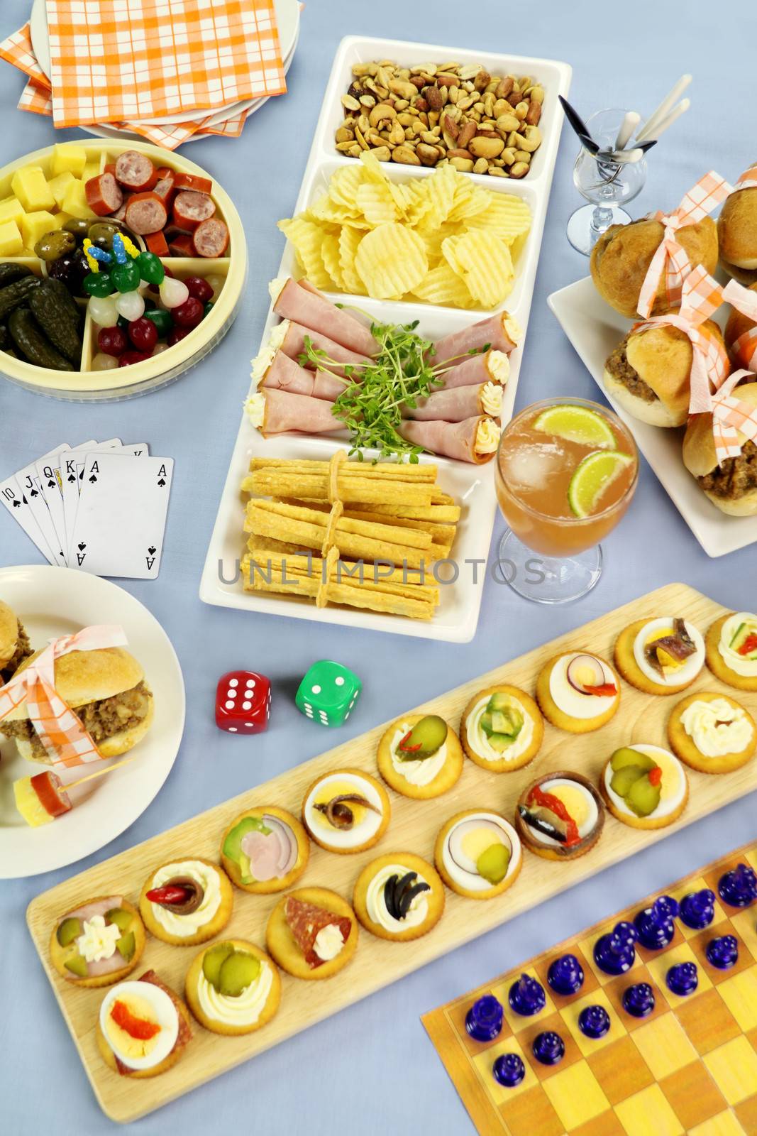 Selection of finger food laid out for a night of cards and board games.