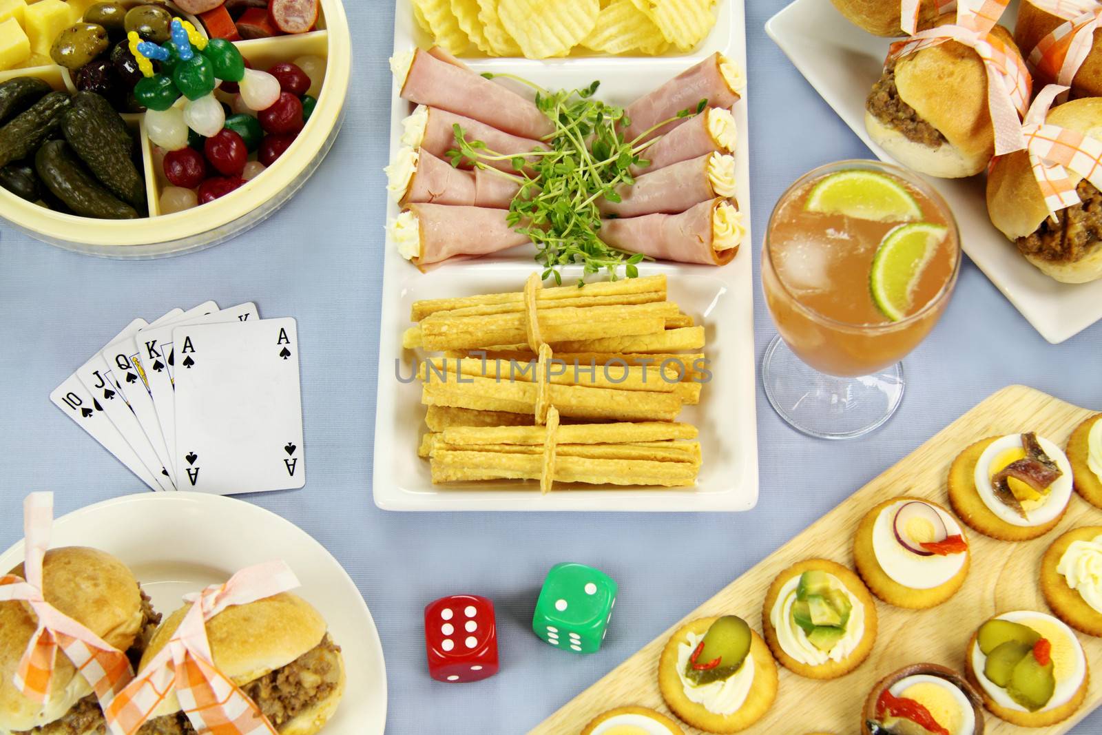 Selection of finger food laid out for a night of cards and board games.