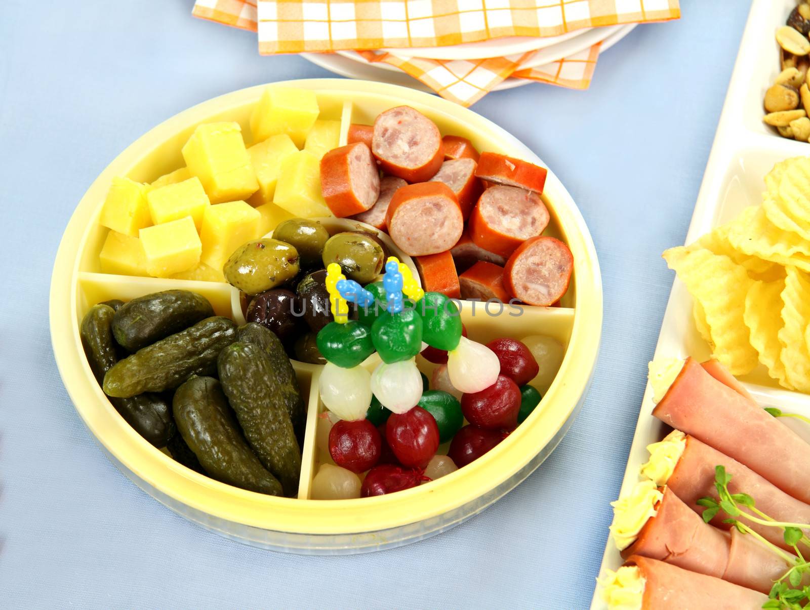 Tray of assorted finger food ready to serve.