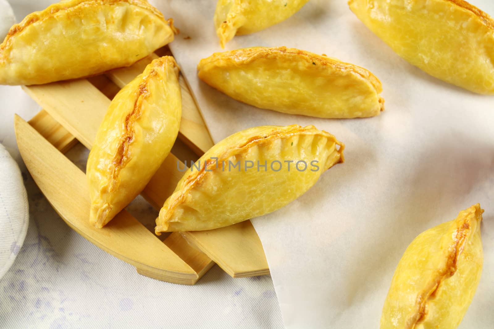 Delicious fresh baked golden cornish pasties ready to serve.