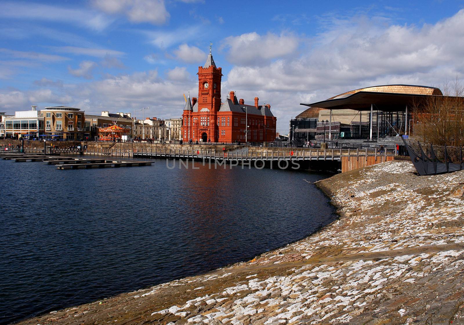 Cardiff bay overview, railway station museum at the center