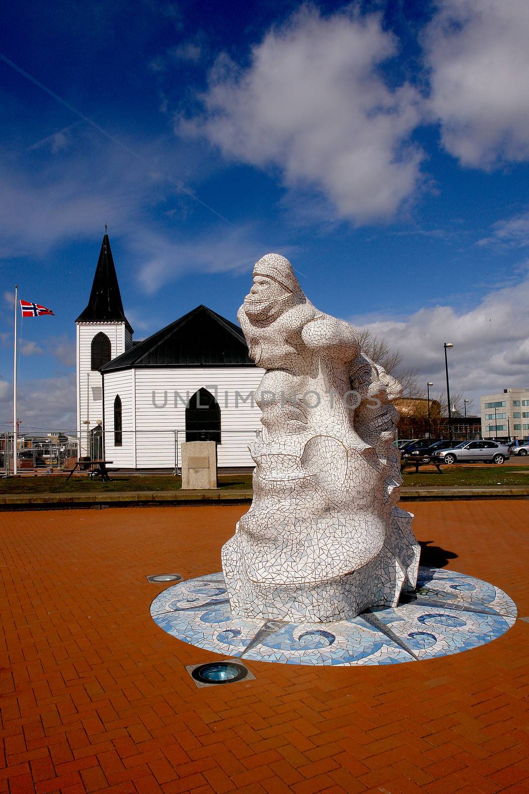 Norwegian Church with seafarers statue in Cardiff Bay, Wales. UK.