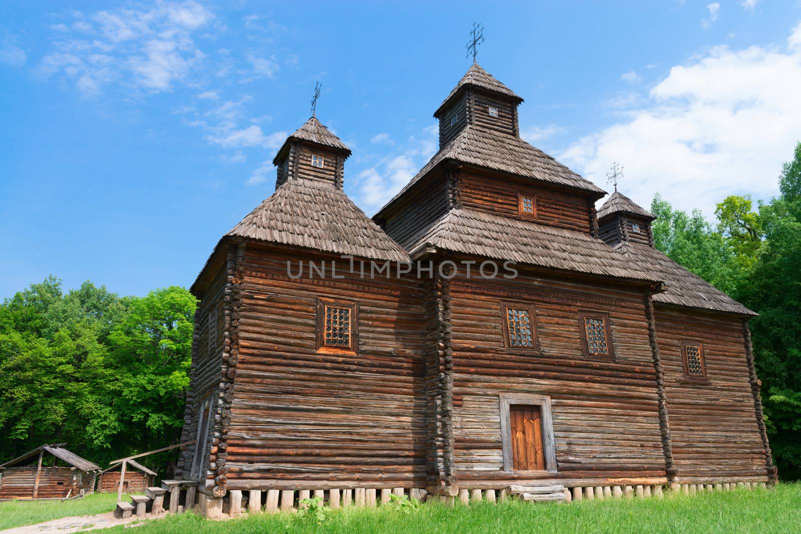 Antique Slavonic wooden church at ethnographic museum Pirogovo, Kiev, Ukraine