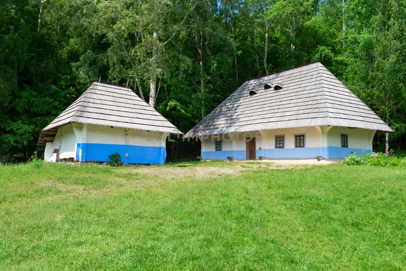 Typical village house in Ukrainian countryside with gardens around