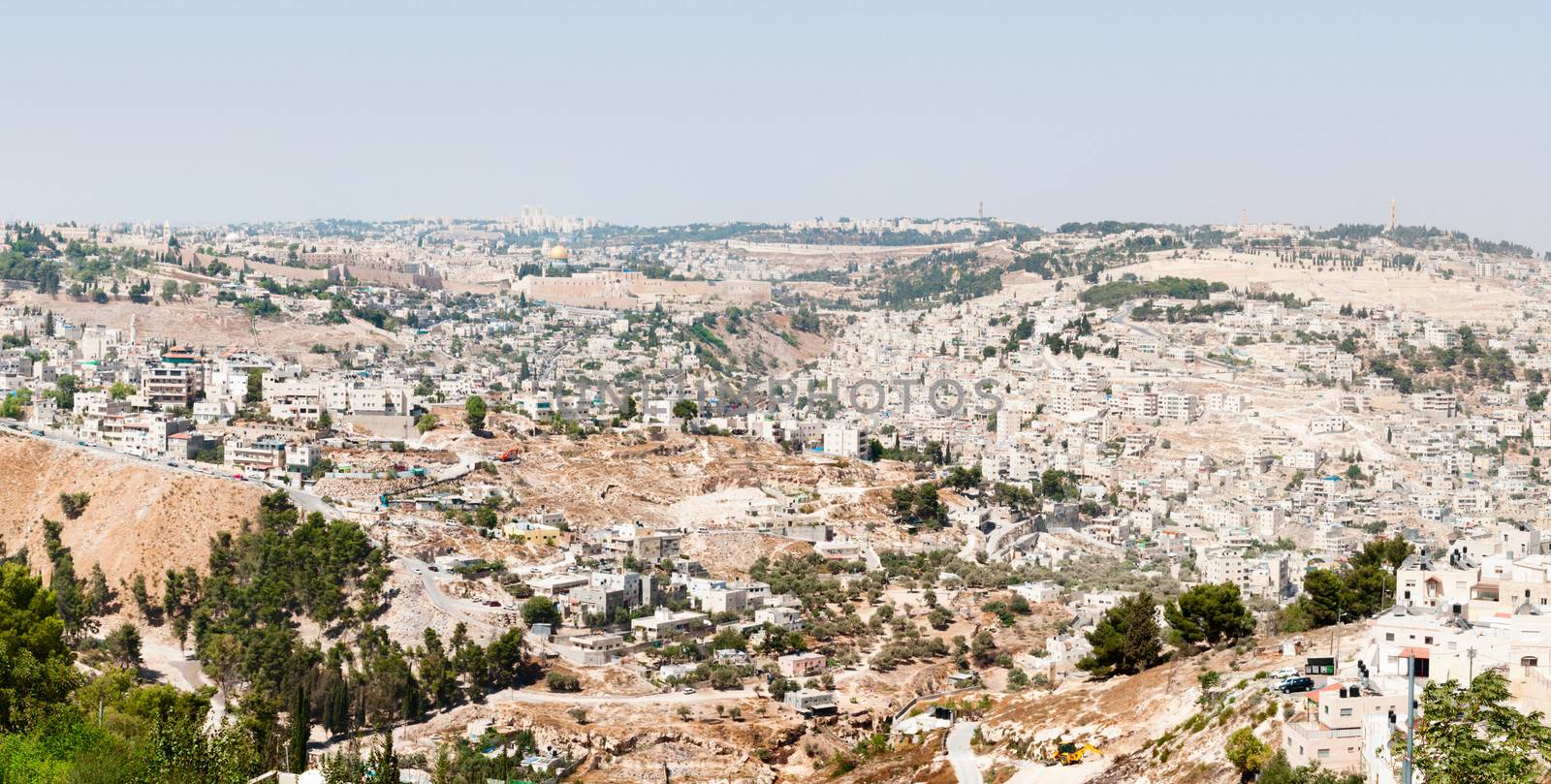 Panoramic view of Jerusalem old city under clean blue sky