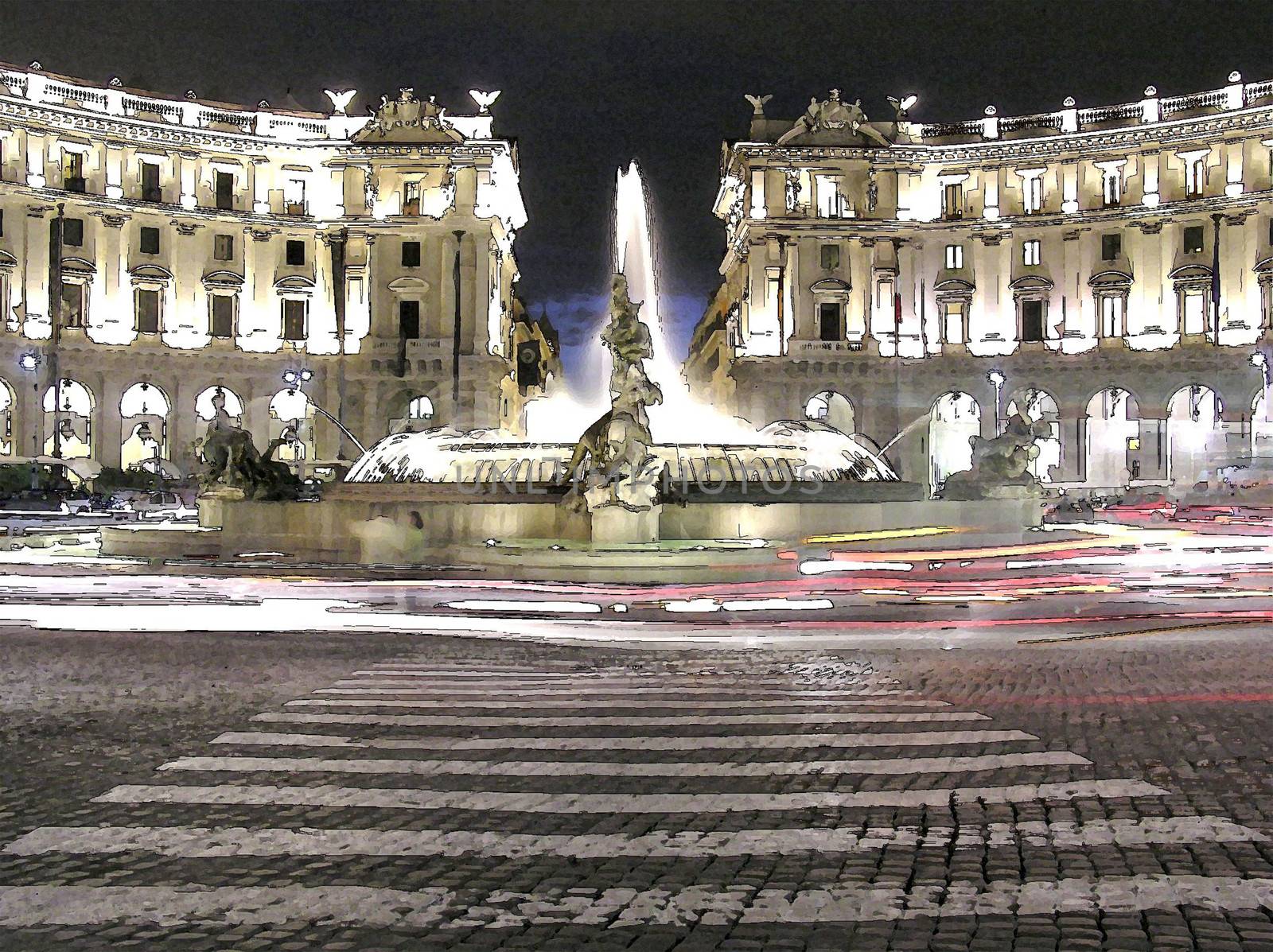 Rome, Piazza della Repubblica - at night, pen drawing