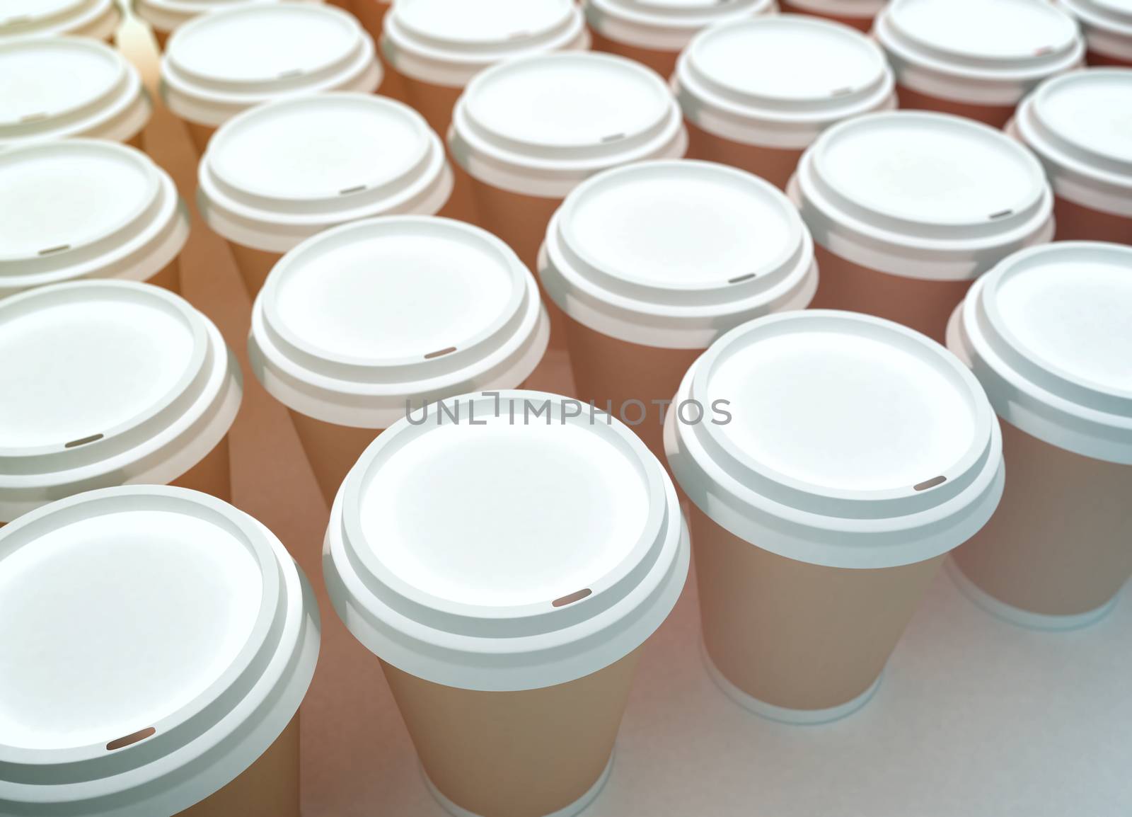 A row of paper coffee cups on a white background. by klss