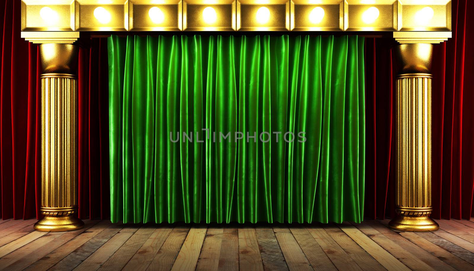 green fabrick curtain on stage