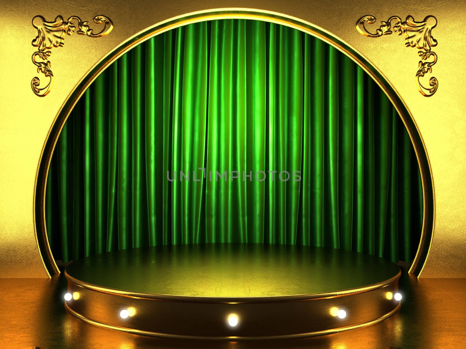 green fabric curtain with gold on stage