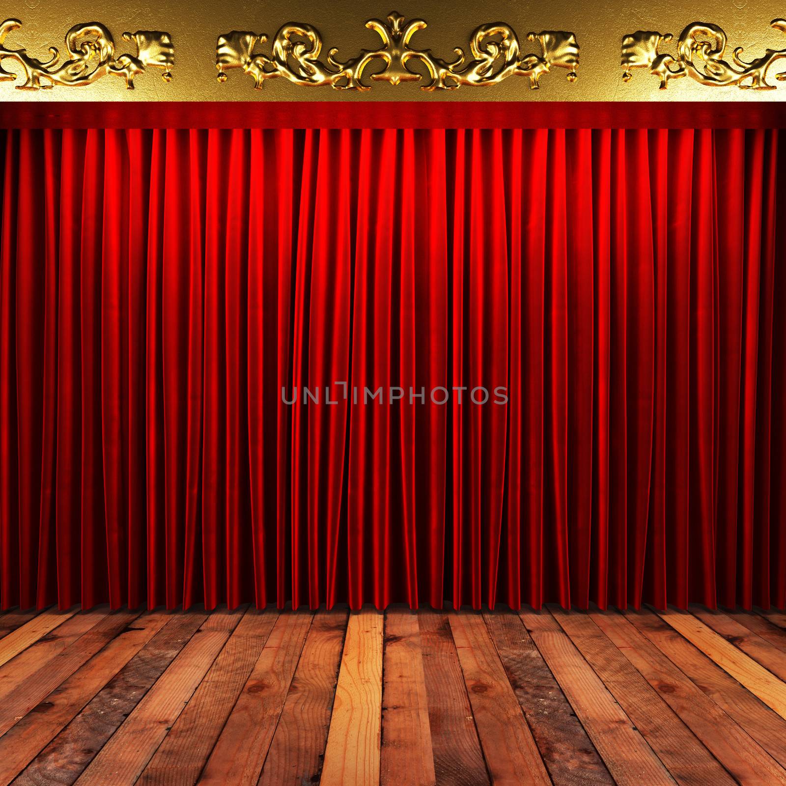 red fabric curtain with gold on stage