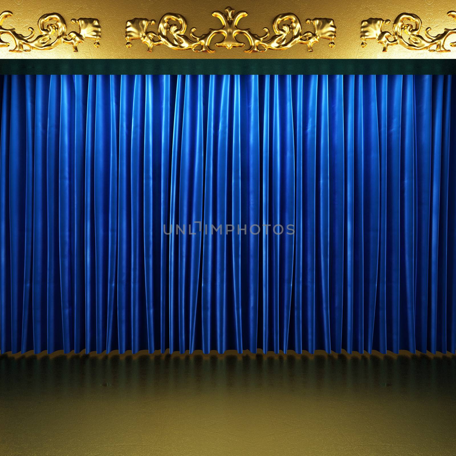 blue fabric curtain with gold on stage