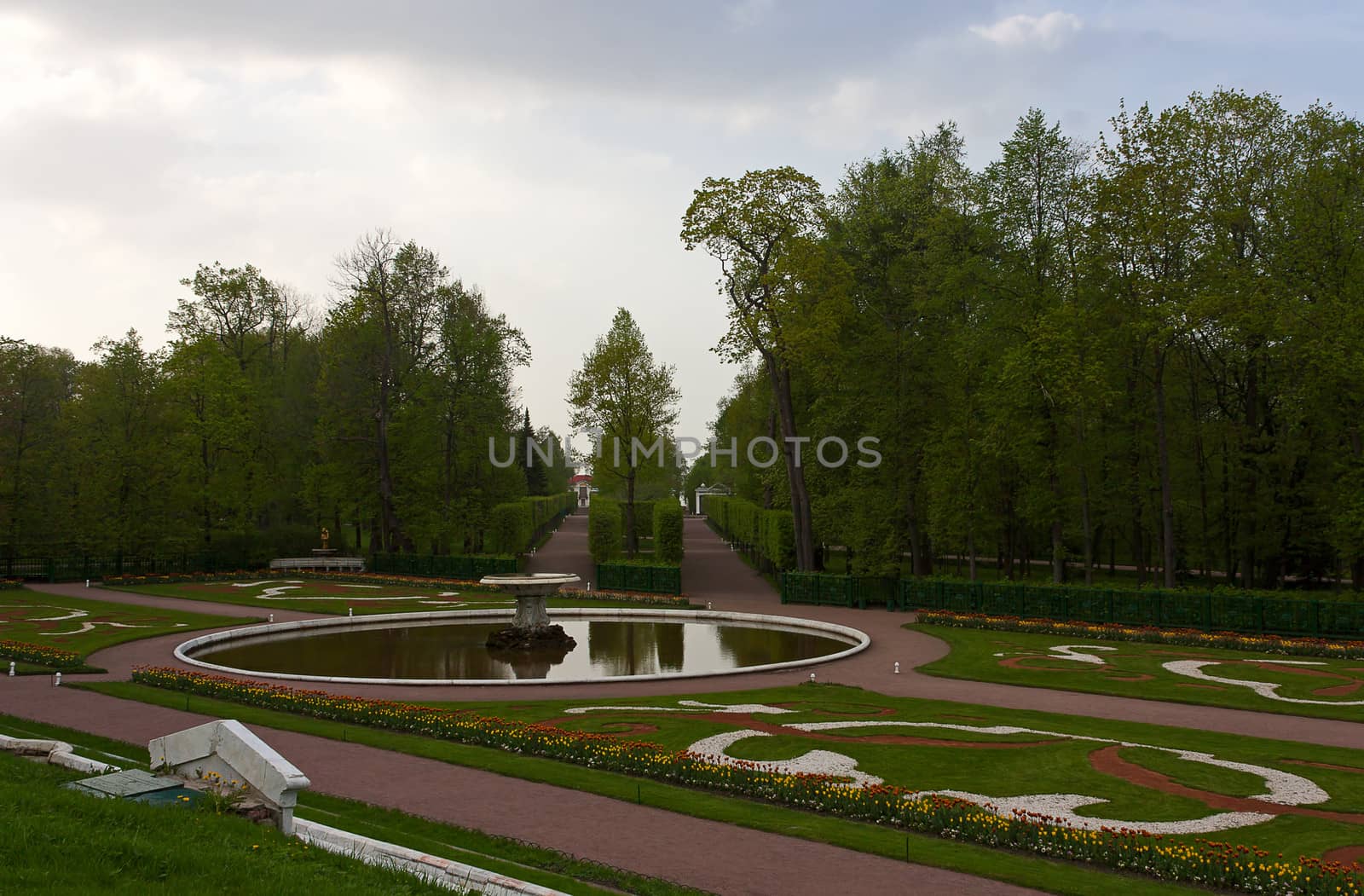 View of  track  and fountains in  lower park, Peterhof, Russia.