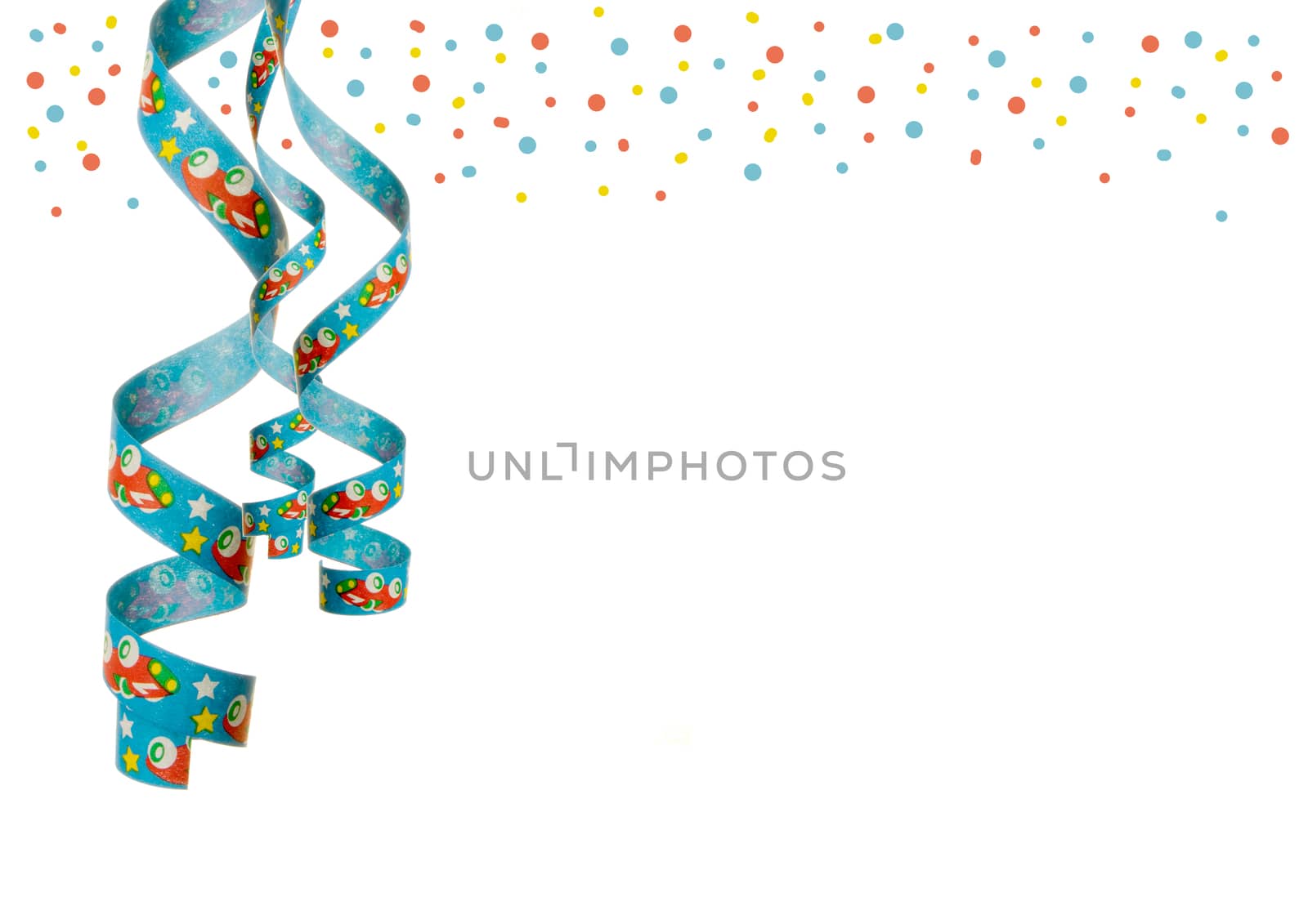streamers and confetti as decoration for parties, sylvester isolated, hanging with white background 