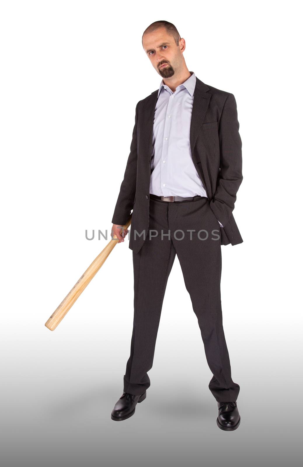 Angry looking man with bat, isolated on a white background