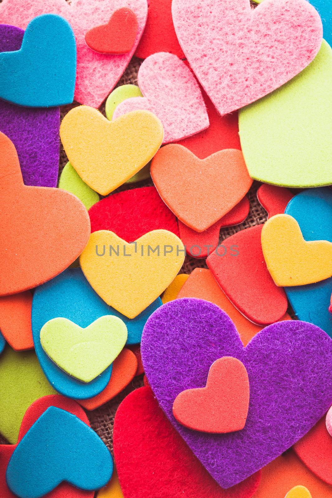 Colorful hearts stickers background. Valantine decorations. Various hearts