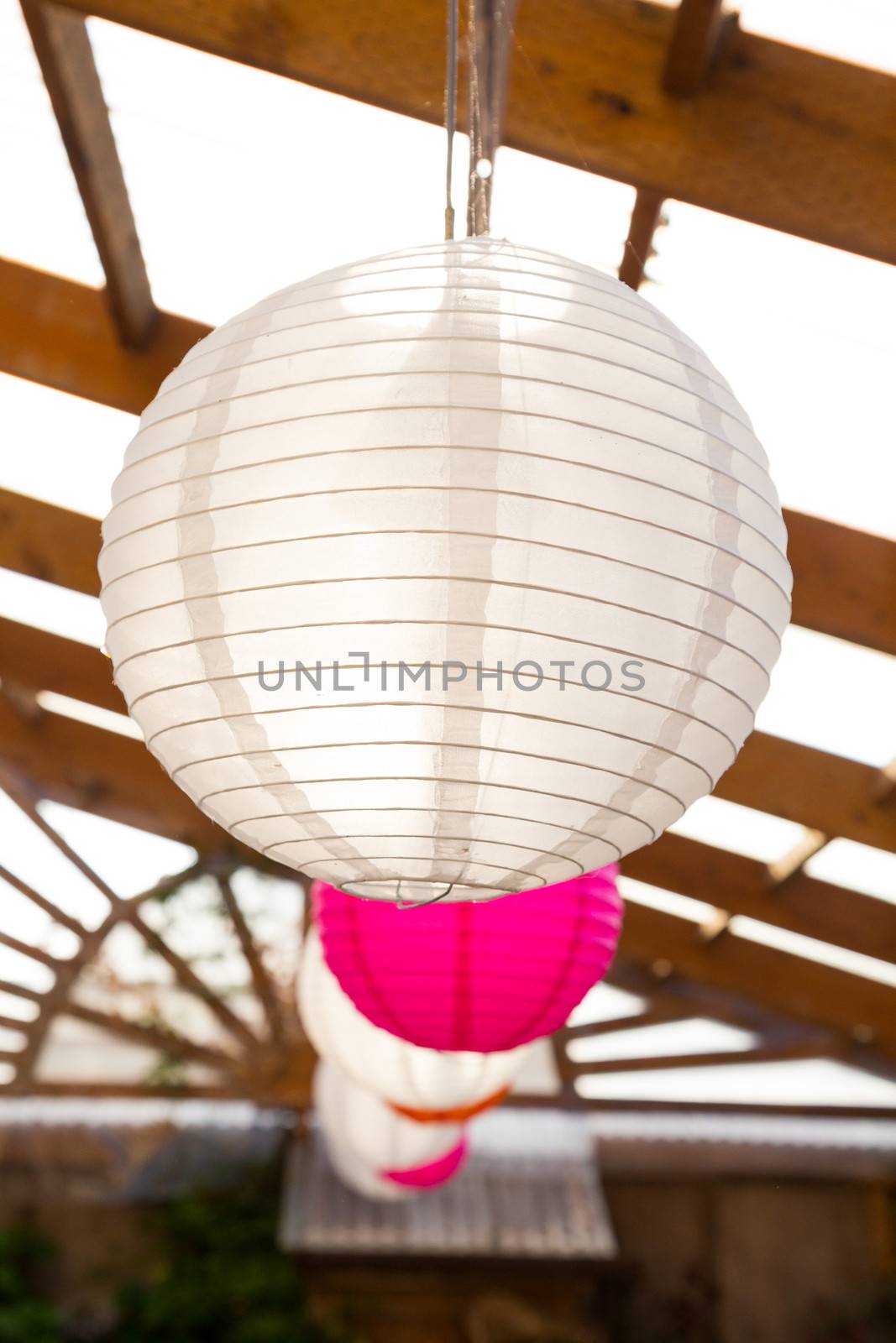 Paper Chinese lanterns are used as decorations or decor for this classy wedding reception.