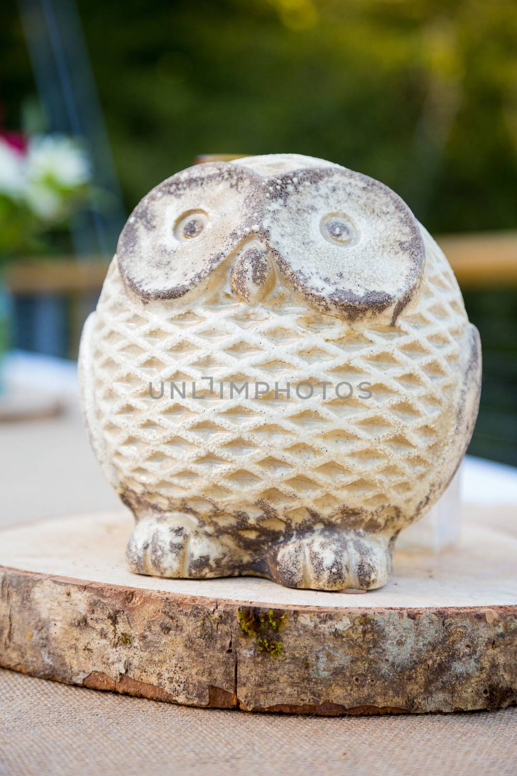 Decorations at this wedding include wooden carved owls as centerpieces for the tables.