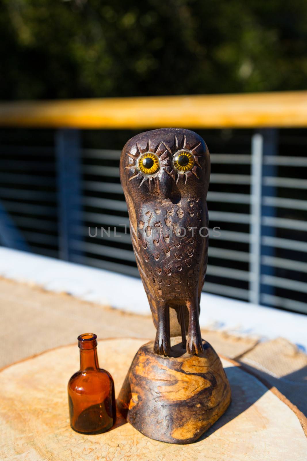 Decorations at this wedding include wooden carved owls as centerpieces for the tables.
