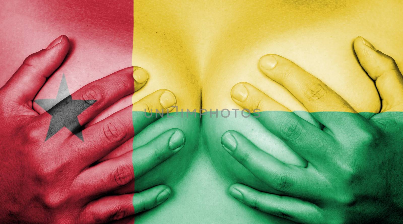 Upper part of female body, hands covering breasts, flag of Guinea-Bissau