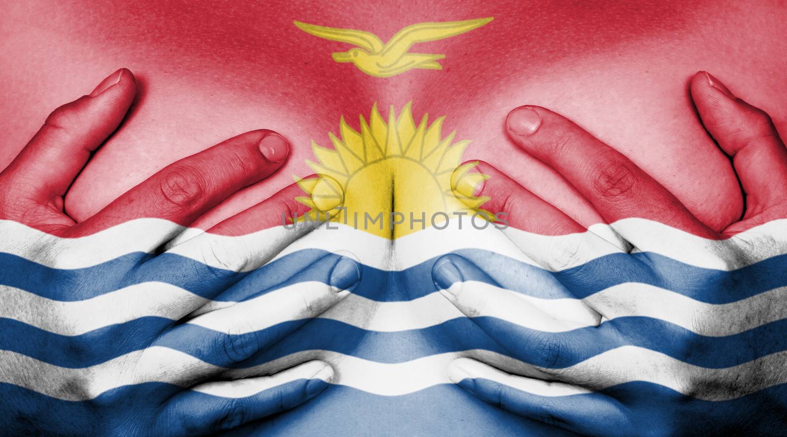 Upper part of female body, hands covering breasts, flag of Kiribati