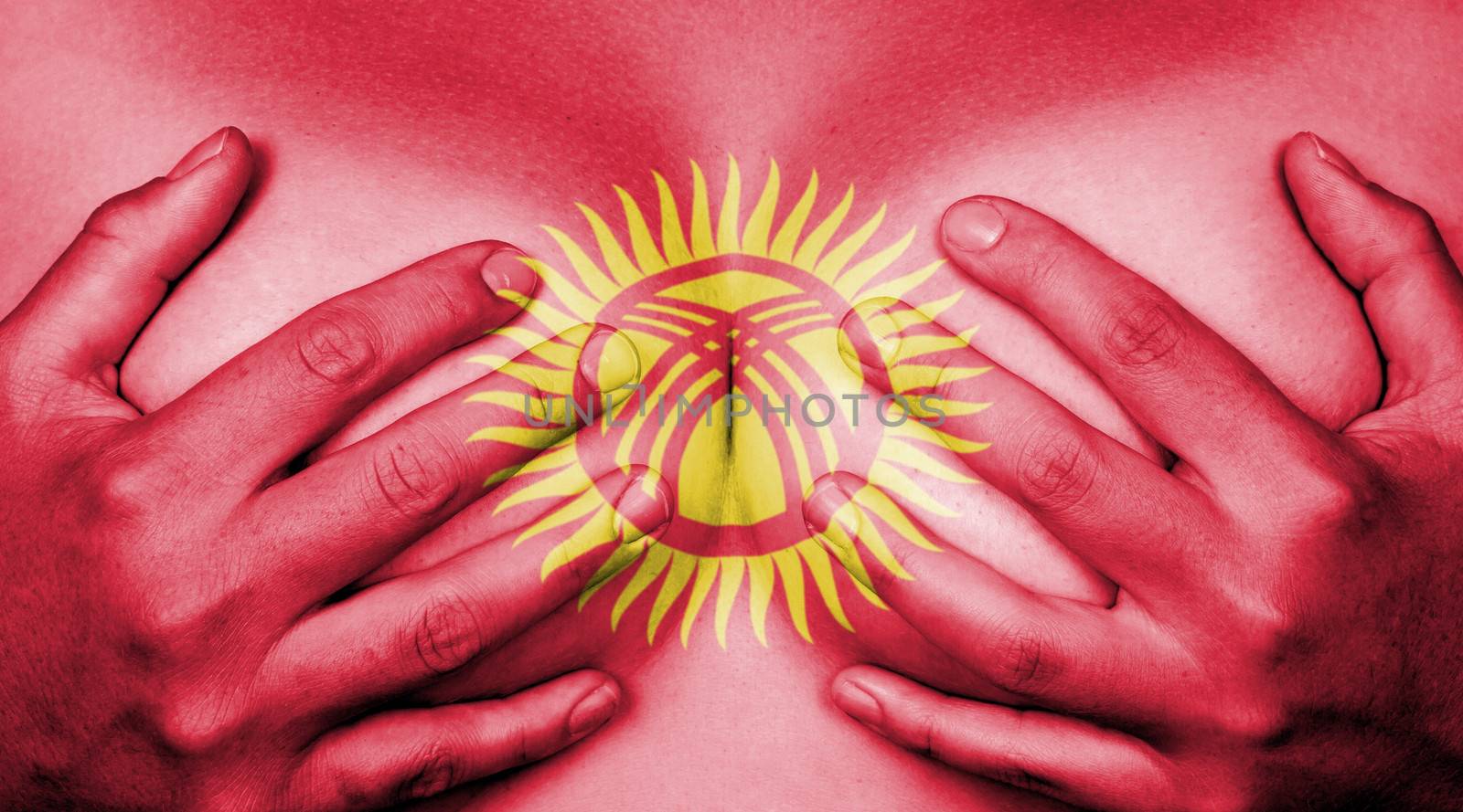 Upper part of female body, hands covering breasts, flag of Kyrgyzstan