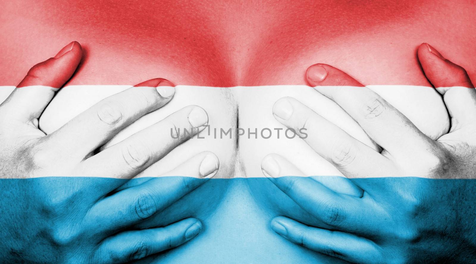 Upper part of female body, hands covering breasts, flag of Luxembourg