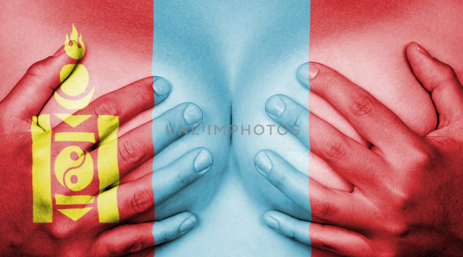 Upper part of female body, hands covering breasts, flag of Mongolia