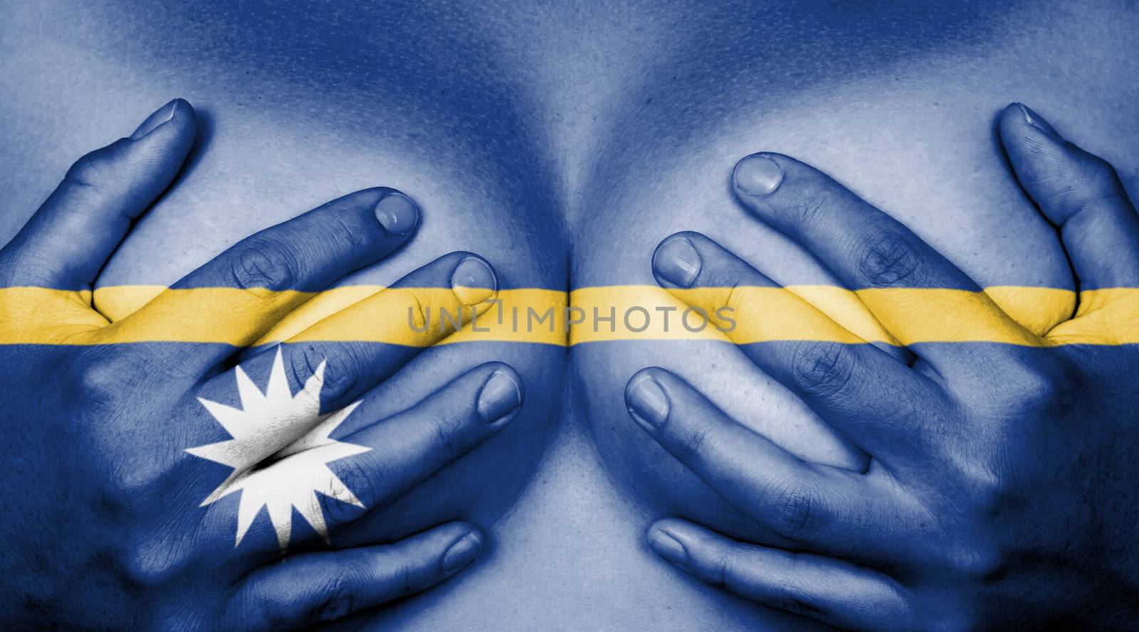 Upper part of female body, hands covering breasts, flag of Nauru