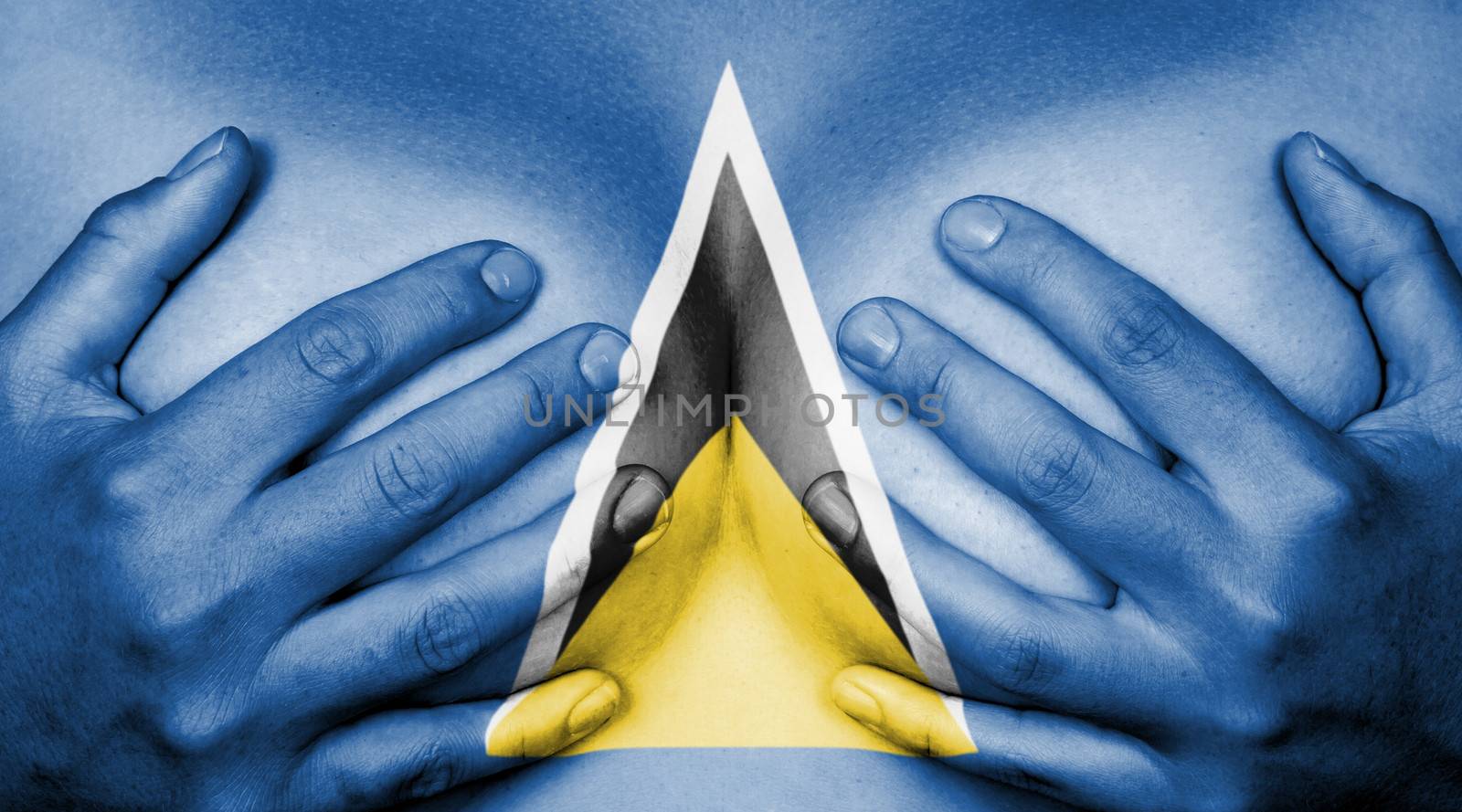 Upper part of female body, hands covering breasts, flag of Saint Lucia