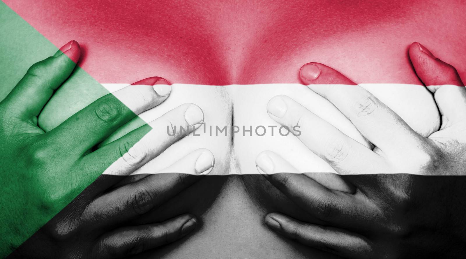 Upper part of female body, hands covering breasts, flag of Sudan