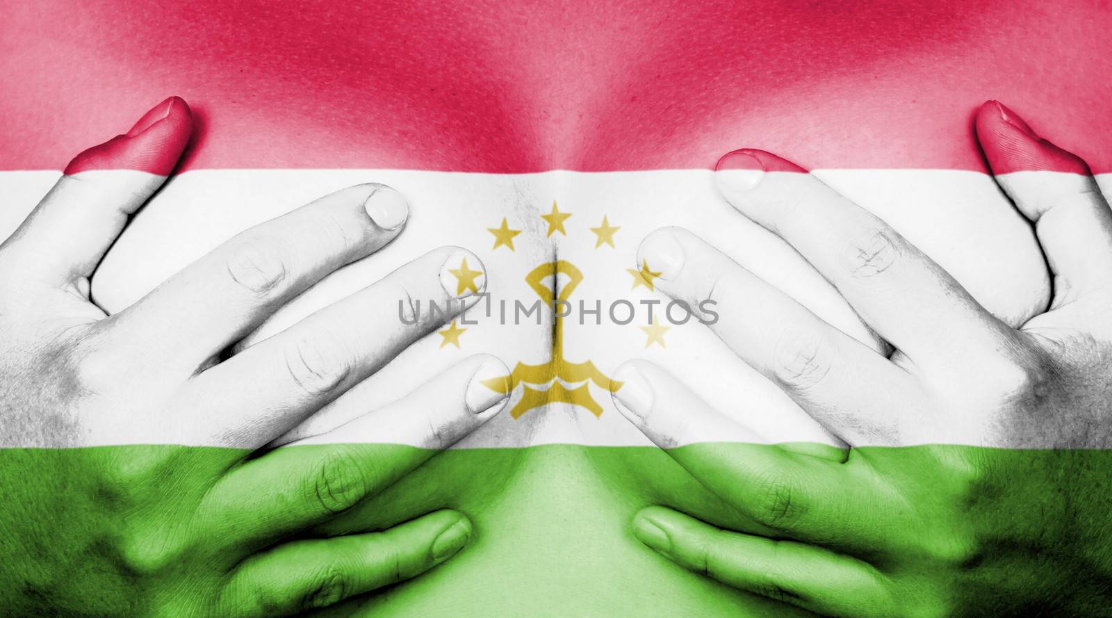 Upper part of female body, hands covering breasts, flag of Tajikistan