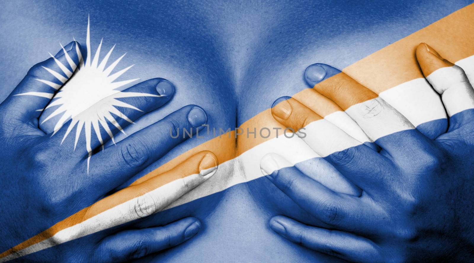 Upper part of female body, hands covering breasts, flag of The Marshall Islands
