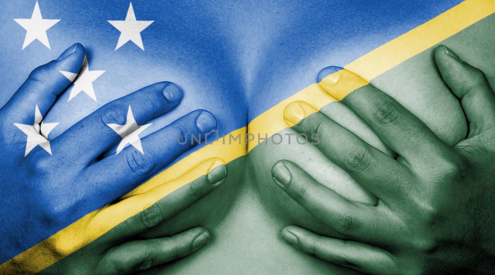 Upper part of female body, hands covering breasts, flag of The Solomon Islands
