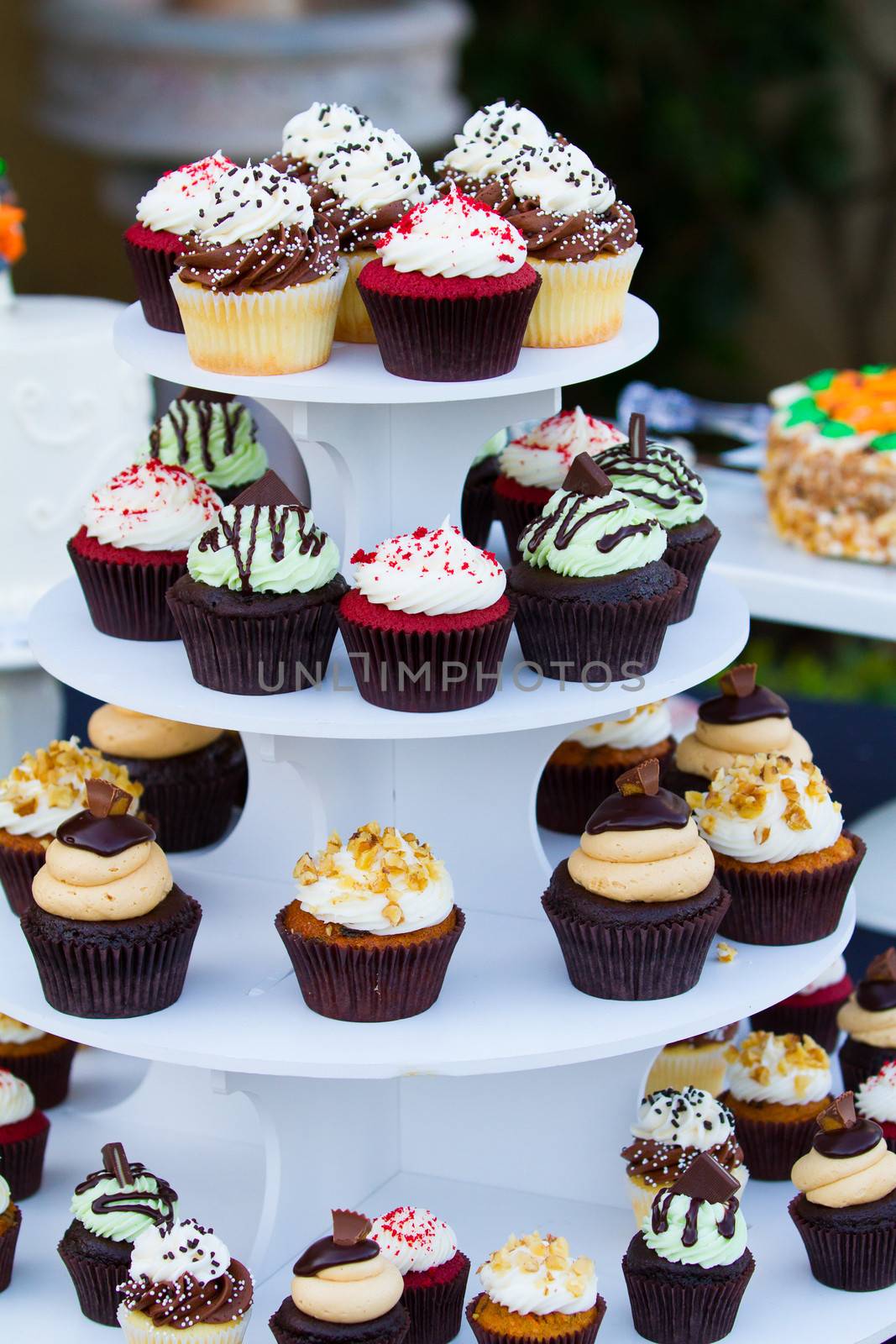 These cupcakes at a wedding reception are ready for the guests to enjoy after the cake cutting ceremony.