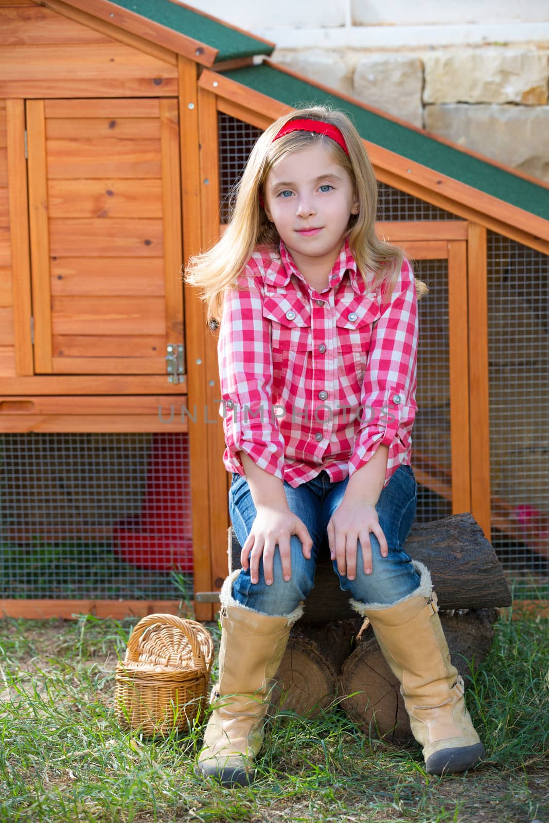 breeder hens kid girl rancher farmer sitting in chicken tractor coop