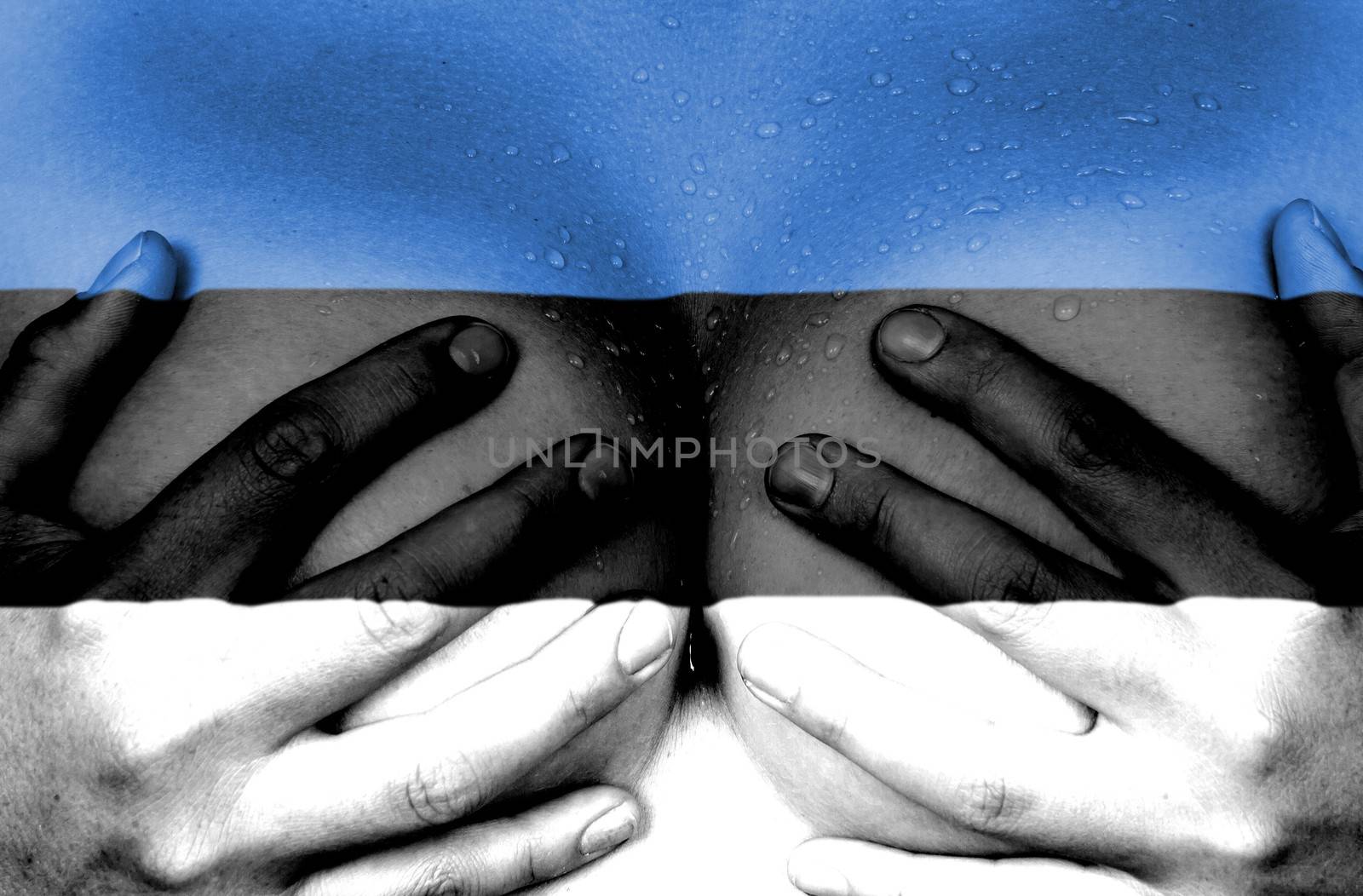 Sweaty upper part of female body, hands covering breasts, flag of Estonia