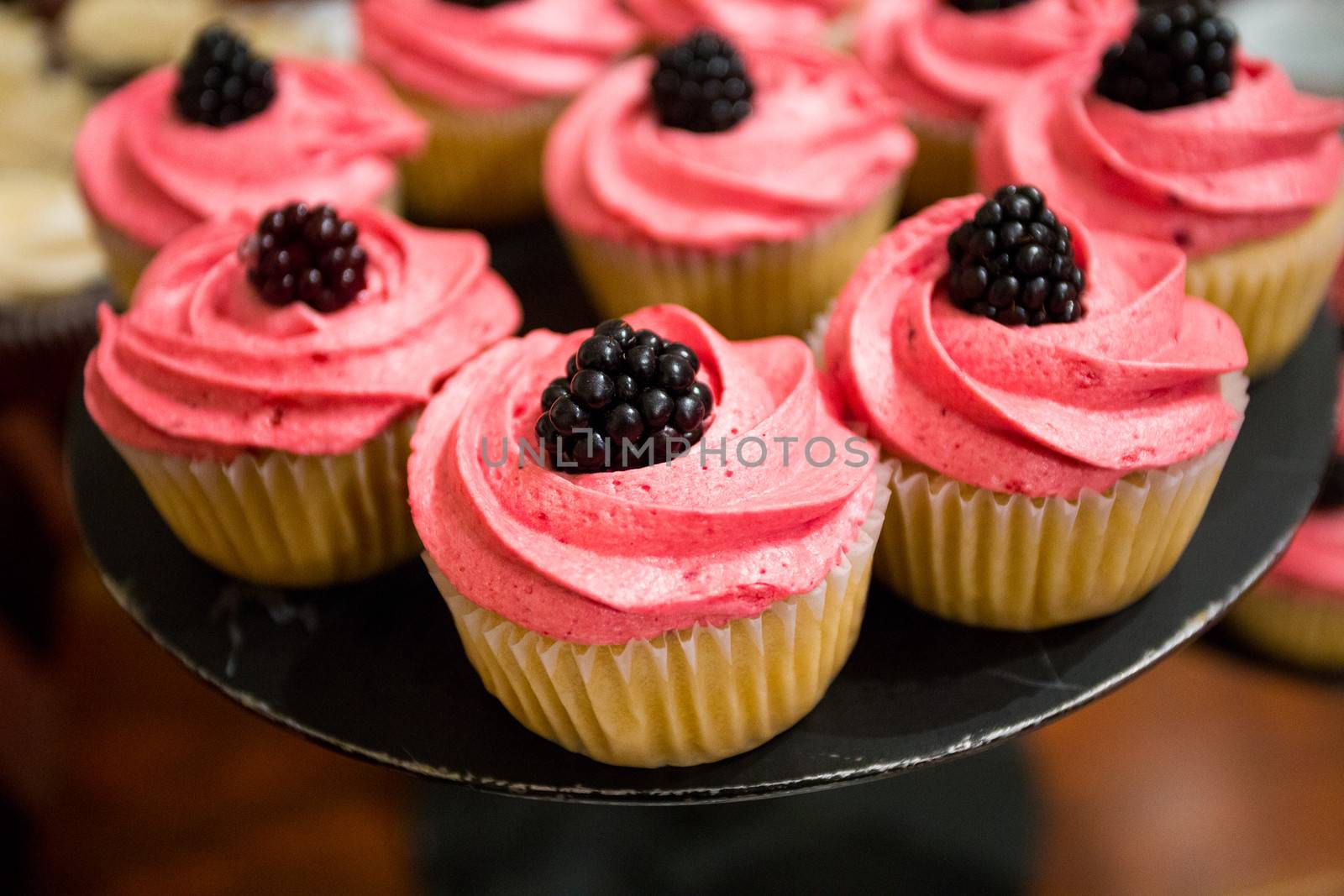 These cupcakes at a wedding reception are ready for the guests to enjoy after the cake cutting ceremony.